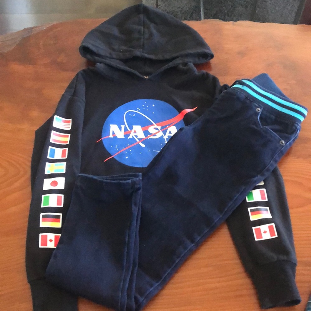 SOLD: NASA crop hoodie, jacket and elastic waisted jeans
